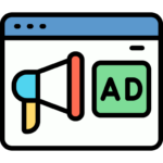 Icon of a megaphone with "AD" text inside a digital frame.