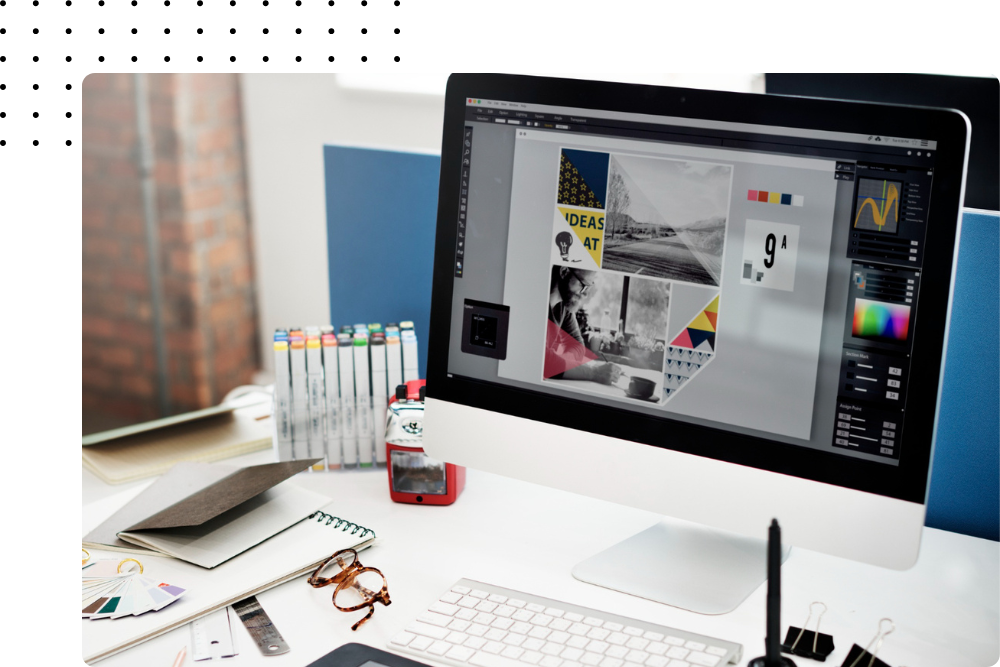 Computer screen displaying digital artwork and tools used in graphic design at Buildleads Solutions