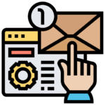 Flat line icon of a computer screen with an envelope and a hand clicking a button.