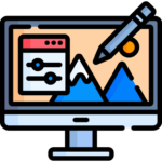 Icon of a computer monitor with a digital pen and drawing tools.