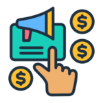 Circular icon with a finger clicking an "AD" button and coins flying out.