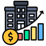 Icon showing a modern office building next to a rising bar chart and a gold dollar coin.