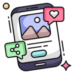 Icon of a smartphone screen displaying various social media post layouts and images.