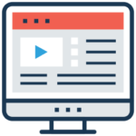 Flat line icon of a video player window with a play button and timeline.
