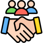 Icon of two hands shaking with a group of people in the background representing client success.