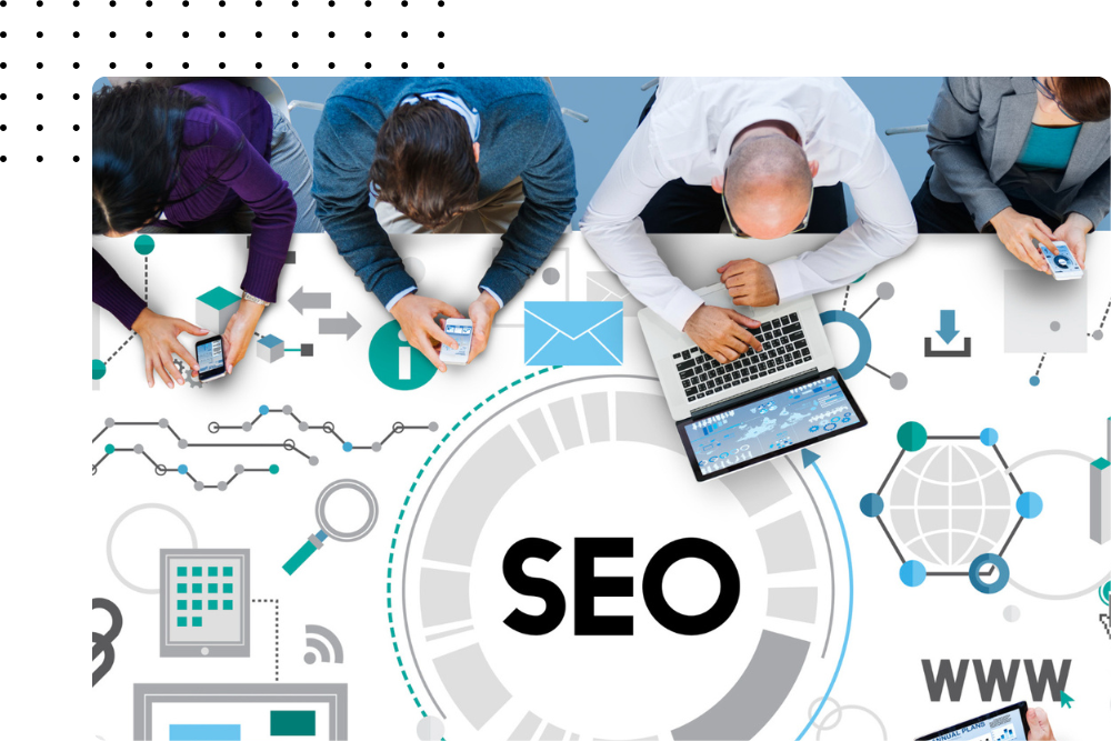 Team collaborating on SEO performance data with digital devices and SEO graphics.