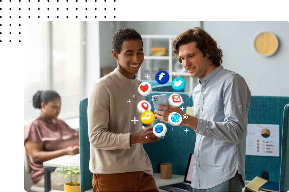 Team collaborating on social media strategy with floating icons