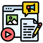 Icon of a computer screen and magnifying glass representing digital marketing strategy.