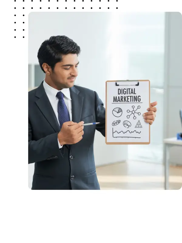 Business professional presenting digital marketing performance board