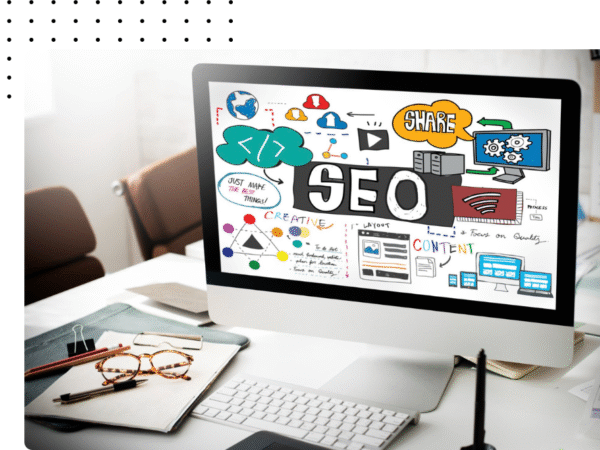 Computer screen displaying SEO strategy elements like backlinks, analytics, and content optimization.