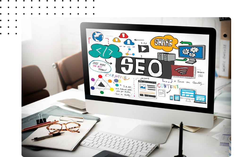 Computer screen displaying SEO strategy elements like backlinks, analytics, and content optimization.