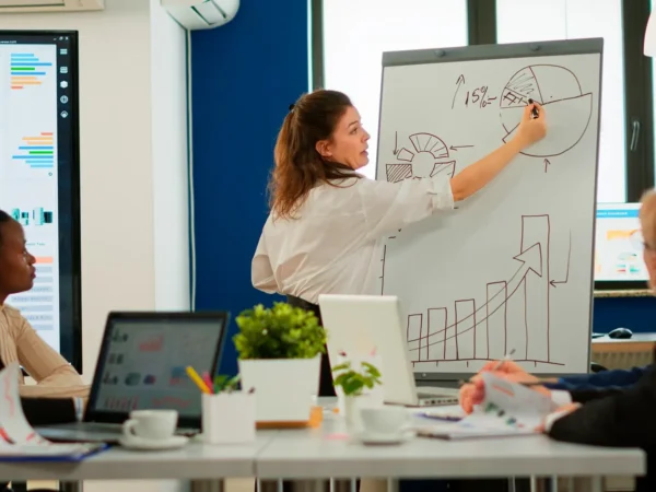 Marketing expert presenting a business growth strategy on whiteboard