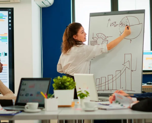 Marketing expert presenting a business growth strategy on whiteboard