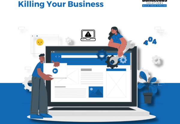 Illustration of two people fixing a broken, non-responsive website on a laptop screen with a sad face emoji and 404 error, visually representing how a bad website is killing your business. This image highlights common website design mistakes and poor bad website user experience.