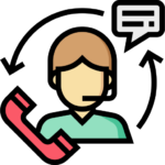Flat line icon of a person wearing a headset with a red phone receiver and a notification badge.